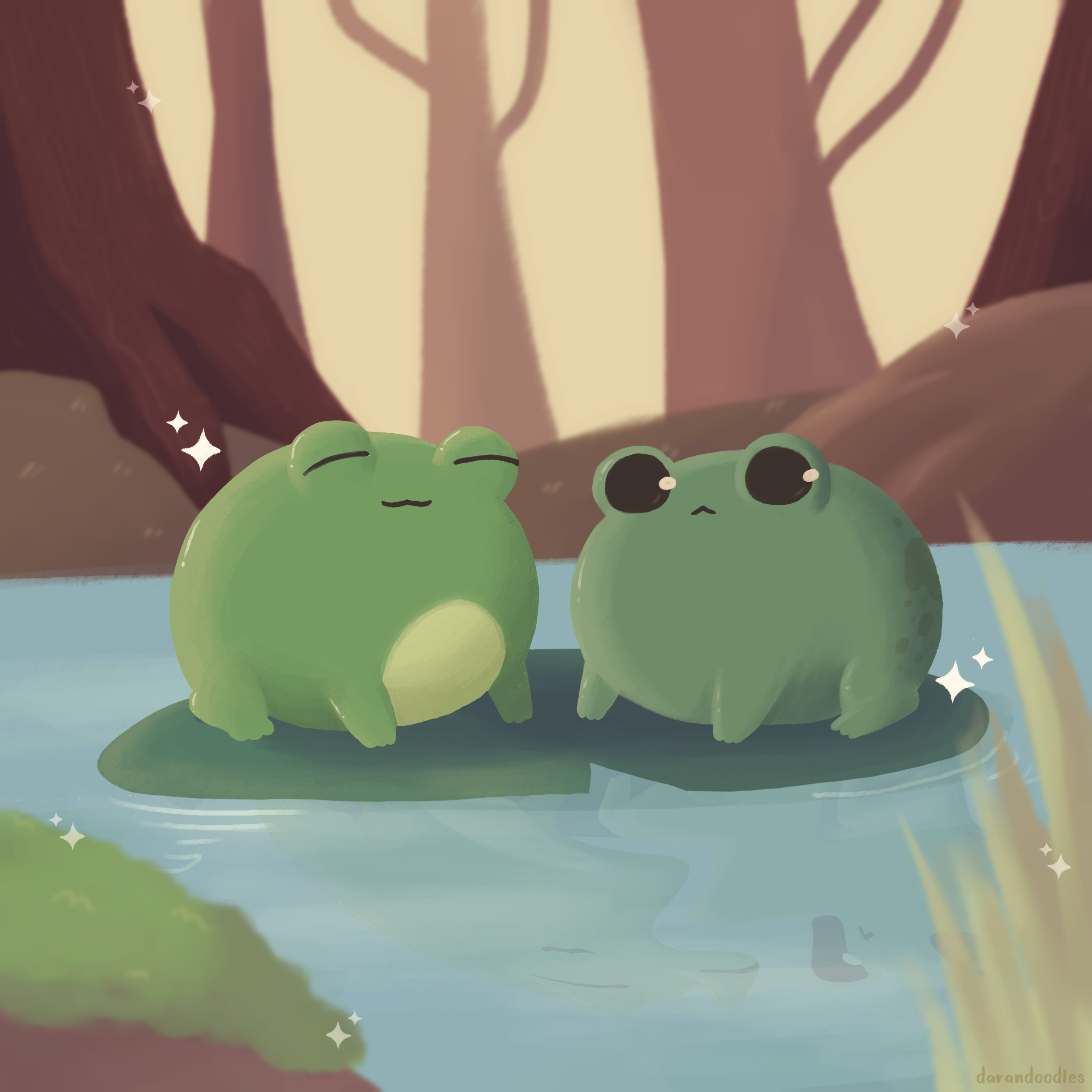 Two frogs sitting together on a lilypad.