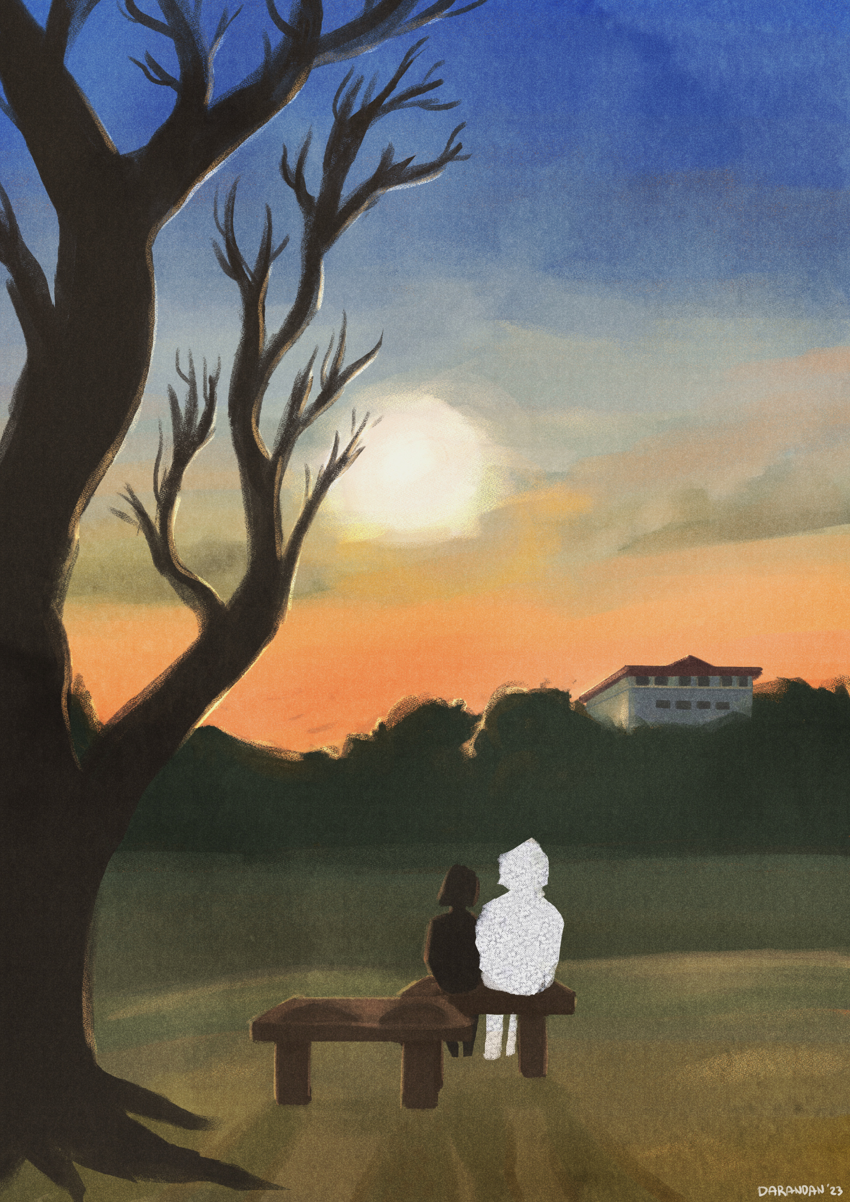 A drawing of the Sunken Garden located in UP Diliman, with a couple sitting on the bench.